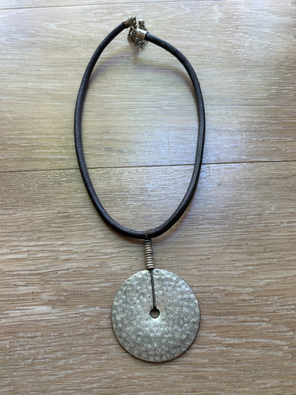 Vintage Silver Disc Pendant Necklace w/ Brown Leather Strap